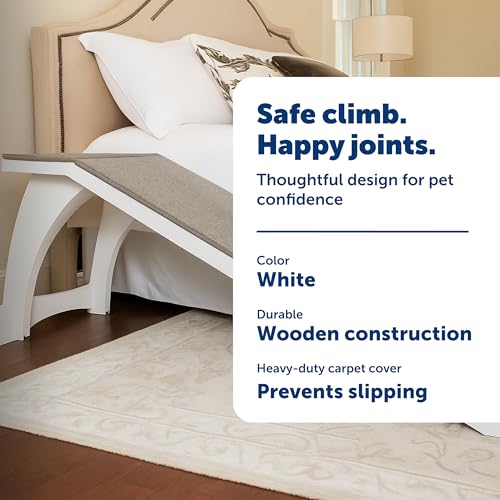 PetSafe CozyUp Wooden Pet Bed Ramp, White | Durable Wood Ramp with High-Traction Carpet Surface, for Small Dogs & Senior Dogs/Cats Up to 120 Lb, 70"L x 16"W x 25"H - color: White