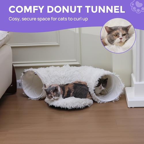 Cat Tunnel with Bed – Soft Plush Peekaboo Donut Cave for Indoor Cats | Under Christmas Tree Hideaway & Multifunctional Playground Toy for Kittens, Rabbits, Ferrets (Long-Pile Fabric White) - color: Long-pile fabric White