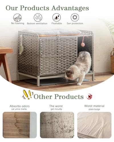 SETVSON Cat Litter Box Enclosure Furniture with Divider, Cat Cabinet,Gray | Handwoven PE Rattan with Soft Mat, 3.54-In Heightened Metal Feet, 2 S-Hooks, 31.2 x 19.6 x 24.2 Inches Spacious Cat Furniture - color: Grey