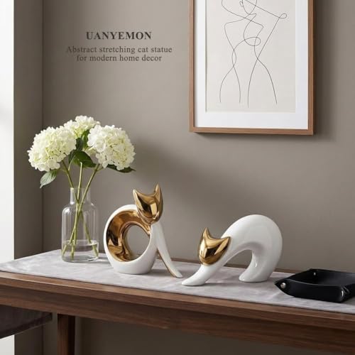 Abstract Stretching Cat Statue for Modern Home Decor, 4.75'' White and Gold Minimalist Cat Figurine for Table, Shelf, Desk, Entryway, Mantle Decor, Perfect for Animal & Pet Lovers - color: White