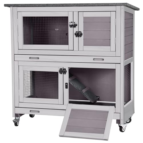Rabbit Hutch Bunny Cage, Guinea Pig Cage Bunny Hutch Indoor, Wood Pet Cage with 4 Casters -2 Story & 2 Trays - color: Grey, size: 36.0"L x 17.7"W x 36.4"H