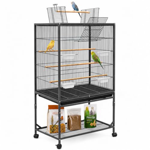 59-inch Open Top Bird Cage, Wrought Iron Bird Flight Cage with Rolling Stand, Slide-Out Tray for Parrot, Parakeets, Lovebird, Finch, Pigeon (Black)