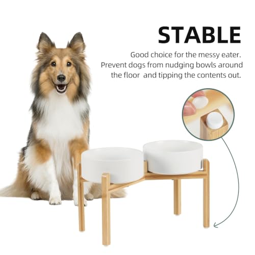 Havniva Dog Bowls Elevated, Ceramic Dog Food and Water Bowl Set | 8.3” Raised Dog Food Bowl, Elevated Dog Bowls with Bamboo Stand, Non-Slip Dog Water Bowl for Large Dog, Large Capacity - color: Matte White, size: 8.3" - 2 Bowls+Stand