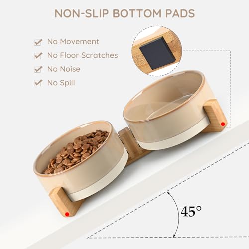 SPUNKYJUNKY Ceramic Dog and Cat Bowl Set with Wooden Stand, Modern Cute Weighted Food Water Bowl Set for Small Size Dogs (1.7 Cups, 2 × Pattern Brown) - color: Pattern Brown × 2, size: 1.7 cups