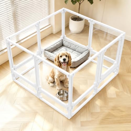 FlexiSpace Adjustable Clear Dog Play Pen, Expandable & Stackable Acrylic Dog Playpen, ONLY Dog Play Pen Indoors Grow with Your Pet Puppy Playpen (White, 34", 8 Panels) - color: White, size: 34"