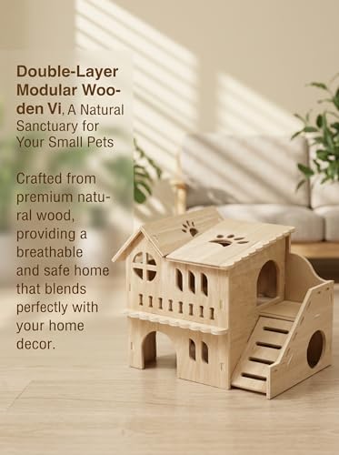 Large Wooden Hamster House & Gerbil Hideout – 8.5" Double-Decker Maze Hut with Slide, Multi-Level Small Animal Cage Accessory for Dwarf Hamsters, Mice, Rats, Gerbils﻿ - color: WOOD