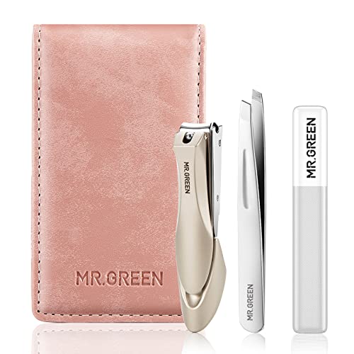 MR.GREEN Nail Clipper 3Pcs Set, Stainless Steel Manicure Pedicure Set with Nail Clippers, Glass Nail File & Tweezers, Medical Grade Grooming Kit with Travel Case Gift Box for Man & Woman (Pink) - color: Pink