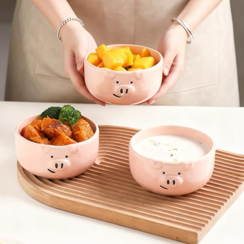 Pink Ceramic Pig Bowls, Set of 3, 13 oz | Small Size, Snacks, Dessert, Cereal and Rice - size: 13 oz