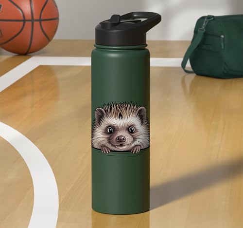 Hedgehog Cute Peeking Spiky Animal Lover Stainless Steel Insulated Water Bottle - color: Dark Green