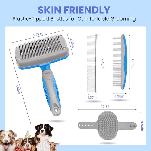 Self Cleaning Shedding Brush - 5-in-1 Professional Pet Grooming Kit Skin Friendly Grooming Tool for Dogs, Cats, and Puppies, Deshedding and Hair Removal for Long and Short Haired Pets（Blue-Grey） - color: Blue-Grey