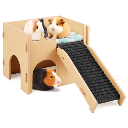 Pawaboo Guinea Pig and Hamster House, 2-in-1 Guinea Pig Hideout with Stairs and Cushion, Sturdy Wooden Hamster Castle Easy to Assemble, Detachable Small Animal House Bed Hut Habitats with Ramps