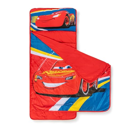 Jay Franco Kids Nap Mat with Embedded Pillow & Blanket – Soft 46"x20" Microfiber Sleeping Bag with Name Tag & Handle - style: Blue - Cars