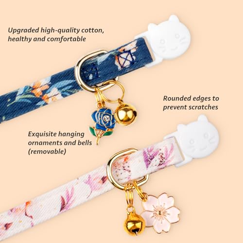 2 Pack Cotton Cat Collar White and Blue Flowers Cute Kitten Cat Collar | Breakaway Breathable Soft material With cute pendants with Bell - color: White&Blue