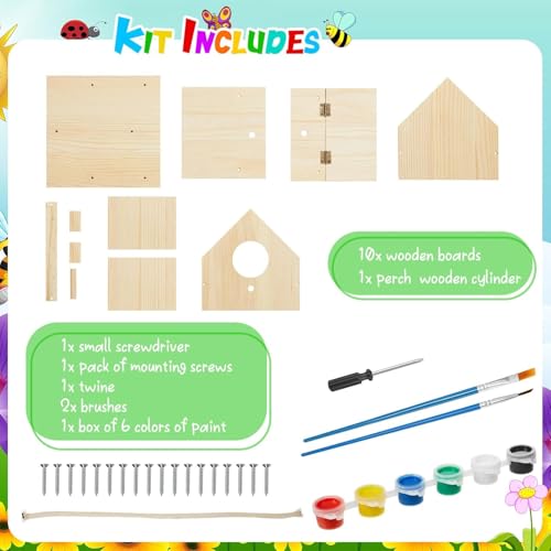 Liliful 6 Sets Wooden DIY Birdhouse Kit, Unfinished Bird Houses with Paints and Paintbrushes, Bird Feeder Craft Arts for Kids Ages 4-8, 8-12, Classroom Activity and Adults Wooden Craft Gifts