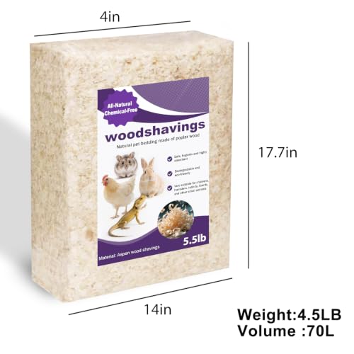 Natural Aspen Shavings Pet Bedding 4.5 Lb, Low-Dust & Chemical-Free, Ultra-Absorbent Cage Litter for Hamsters, Rabbits, Gerbils & Small Animals, Biodegradable Wood Shavings（70L Before Compression）
