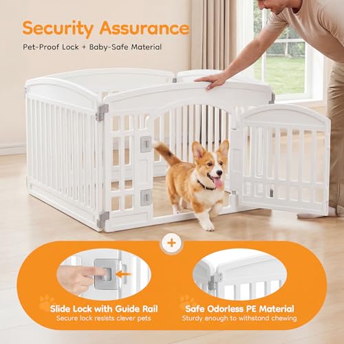 NEWBULIG Dog Playpen 4-Panel, 24IN Puppy Playpen, Stable Dog Play Pen Indoors/Outdoor with Secure Locking Door, Plastic Pet Fence for Small & Medium Dogs | Portable, Secure Locking Door, Indoor Outdoor Yard RV Camping, Small Medium Dogs, White - color: Wh
