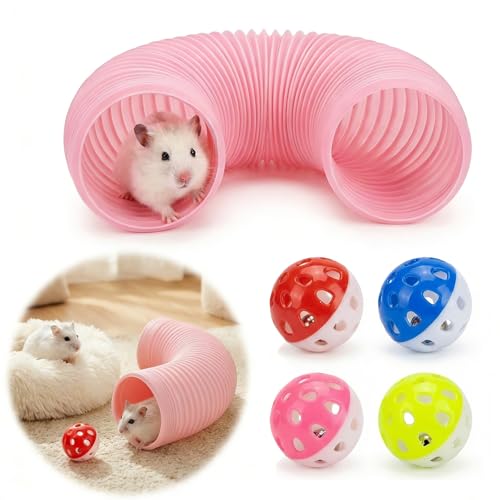 Hamster Collapsible Tunnel Tube Toys with 4 Bell Balls, Expandable Small Animal Hideout Exercise Toy 7.8inch Unextended 32.7inch Extended for Guinea Pig Gerbil Rat Ferret (Pink) - color: Pink