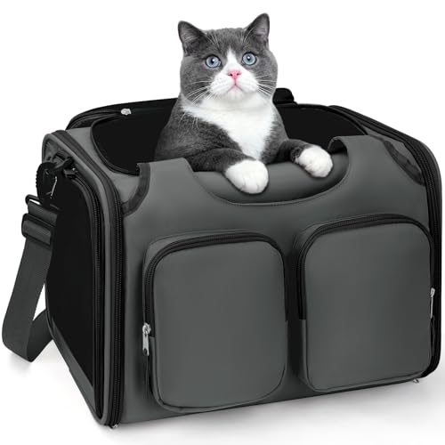 Dog, Cat Carrier for Pets Up to 12 Lbs, Airline Approved Collapsible Soft-Sided Pet Travel Bag with Locking Zippers, Breathable Mesh and 4 Large Pockets, Removable Fleece Pad (Dark Grey) - color: Dark Grey