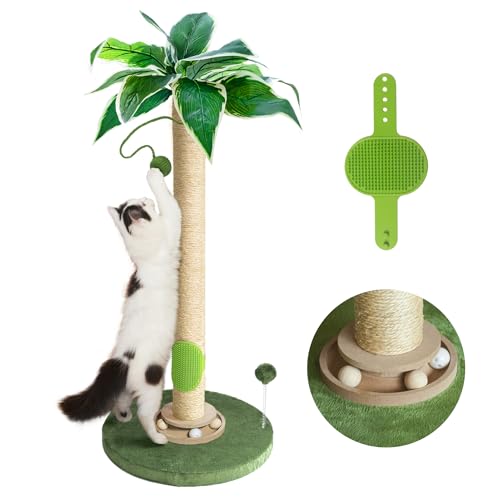 Fantasreen Cat Scratching Post 33'' Tall with Toy, Self Groomer for Indoor Cats - color: Palm Green-33 Inches