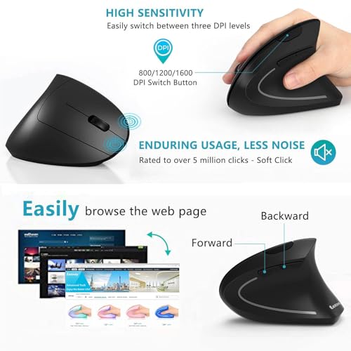 Lekvey Ergonomic Mouse, Rechargeable Vertical Wireless Mouse, Comfort Grip | Long Battery Life, USB-C Charging, Quiet Click, Carpal Tunnel Support, 2.4G Wireless, 3DPI 800/1200/1600, for Laptop, Mac, PC