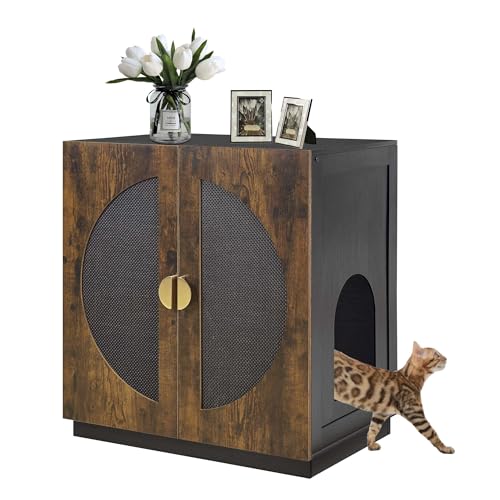 unipaws Tall Cat Litter Box Enclosure for Tall or Top Entry Litter Box | Hidden Litter Box Cover with Shelves, Kitty Enclosed Litter Box Cabinet, Cat Box Furniture - color: Rustic and Black