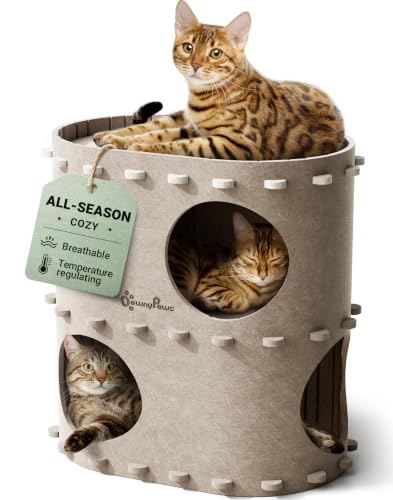 DownyPaws Cat House for Indoor Cats, 2-Storey Cat Bed Cave, Cream | Cat Hideaway Enclosed Bed,Cave Hideout Fort,Kitten Houses for Large Cats,Hide Box Bed Multicats Scratch Resistant - color: Cream, size: Double