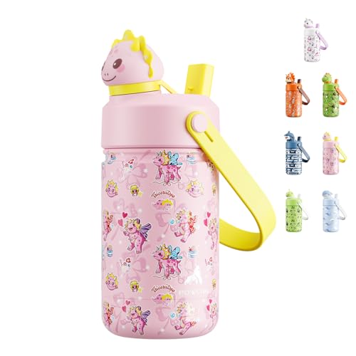 POWCAN 12 oz Kids Water Bottle: 2-in-1 Straw Spout Lid with Soft Animal Head, Leakproof, Backpack Friendly, Keep Cold 24H, Cute Patterns, Insulated Cup for School, Playtime, Trip, Gift (Lovely Trike) - color: Lovely Trike, size: 12 Ounces