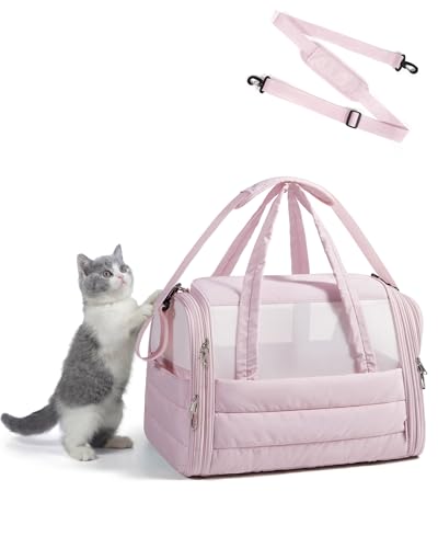 BAGSMART Cat Carrier Soft-Sided Puffy Quilted Collapsible Pet Travel Bag | Pet Carrier for Small Medium Cats Dogs Puppy, Load Up to 20 Lbs for Outdoor Use, Pink - color: Baby Pink, size: 18.1"L x 11.0"W x 11.0"H