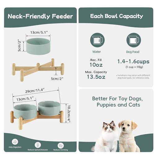 Havniva Elevated Dog Bowls Ceramic Dog Bowls with Stand, Dog Food Bowl | 5.1” Raised Dog Bowls with Non-Slip Wood Stand, Dog Food and Water Bowl Set, Double Dog Feeding Bowls for Small Dogs - color: 2 Bowls+Stand - Light Green, size: 5.1inch