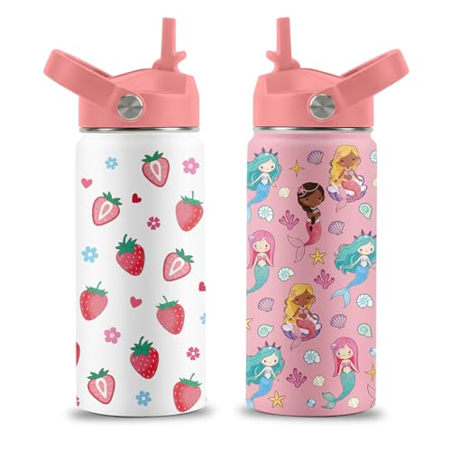16 oz Water Bottle with Straw Lid, 2 Pack Set, Strawberry Mermaid Gifts for Girls, Stainless Steel Insulated Water Bottles for School Travel Outdoor Sports, Pink Cups Birthday Gifts - color: Strawberry and Mermaid