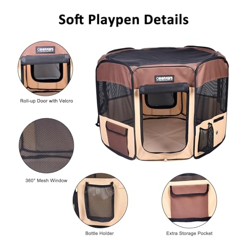Jespet Soft Dog Playpen, Portable Pet Exercise Pen Kennel with Carry Bag | 2-Door, Easy to Fold, Ground Stakes, Zipper Locks, Large Storage Pocket, Washable Top Mesh Cover & Bottom Cover - color: Brown, style: 36x36x24 Inch (Pack of 1)