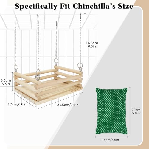 Wooden Chinchilla Hammock & Swing Set - Soft Mat Bed with Kiln-Dried Pine Ledges for Chinchillas - Habitat Enrichment & Exercise