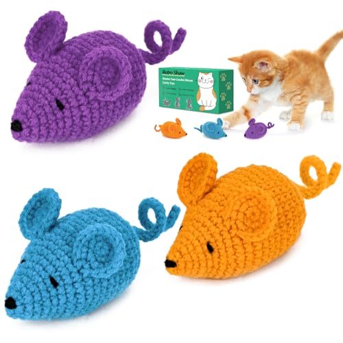 Retro Shaw Cat Toys Mice, Catnip Toys Mouse for Indoor Cats, 3 Pack | Hand Crocheted Knitting, Durable Wool Yarn Material, Soft and Textured Catnip Chew Toys Safe Teeth Cleaning - style: Cat Toys Mice-3