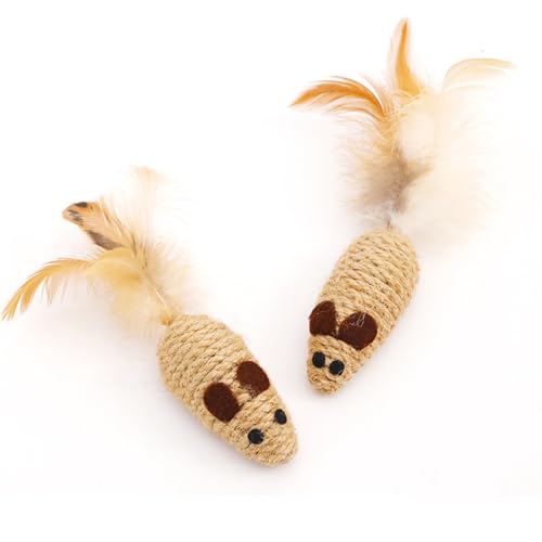 3 Pack Cat Mouse Toys with Feather Tail Rattling Noise Sound Natural Sisal Cat Toys Teeth Cleaning Dental Chew Toys Interactive Cat Mice Toy Mice Cat Toys for Indoor Cats Kittens Puppies