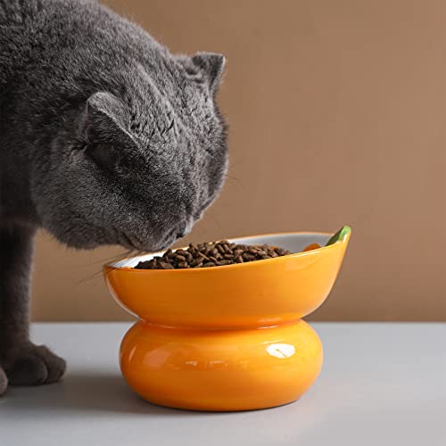 Cute Ceramic Raised Cat Food Bowl, Orange Shaped Cat Dish | Elevated Design, Fruit Themed, Anti Vomiting, Tilted Feeding, Indoor Cats - color: Yellow