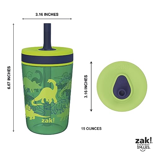 Zak Designs Kelso 15 oz Tumbler Set, (Dino Camo) Leak-Proof Screw-On Lid with Straw Made of Durable Plastic and Silicone, Perfect Cup Bundle for Kids (2pc Set) | BPA Free, Plastic, Sippy Cups, Cup Holder Friendly, Dishwasher Safe, Easy to Clean, Dinosaur,