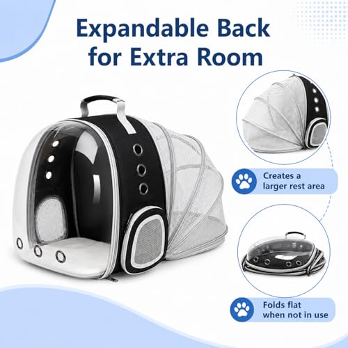 Expandable Cat Carrier Backpack with Bubble Window and Mesh, Black | Anti-collapse frame, breathable mesh, escape-resistant zipper clips and safety leash for vet visits and outdoor travel. - color: Black