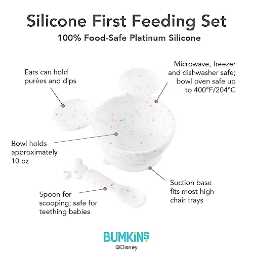 Bumkins Disney Mickey Mouse Bowl, Silicone First Feeding Set with Suction, Includes Spoon, Training Essentials for Baby-Led Weaning, Toddler Self-Feeding, Babies Eating at 4 Mos Up, Vanilla - color: D2 Mickey Mouse-Vnl, style: Disney