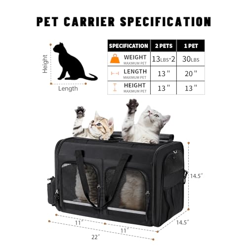 Cat Carrier for 2 Cats, Foldable Double Cat and Dog Carrier, Small to Medium Size, 2 Front Zippered Compartments,Two Pets Carrier for Outdoor Travel,Mulitple Cat Carrier (Black) - color: Black with 2 Pocket