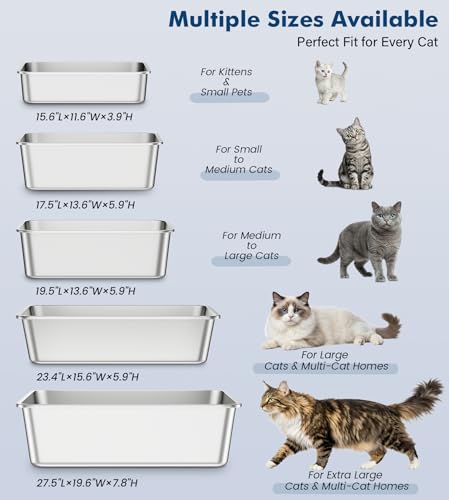 Qiuma Stainless Steel Metal Litter Box, Extra Large Cat Litter Box with High Sides, Odor-Free, Non-Stick, Easy to Clean, 23.4"×15.6"×5.9", Ideal for Large Cats & Multi-Cat Households, Litter Tray - size: 23.4"L×15.6"W×5.9"H, style: ValuePro Series（No Hand