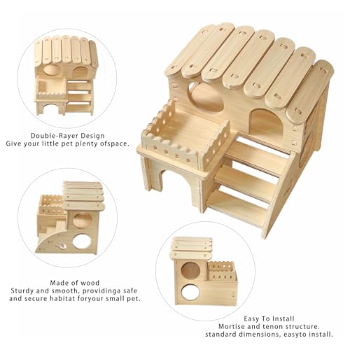 Wood Hamster House Set of 2 Tiny Wooden Hideout Castle Double-Decker Hut Multi-Chamber Maze Wood House with Slide, for Dwarf Hamster, Gerbil, Mouse, Guinea Pig Small Animals(Only for Small Hamster)