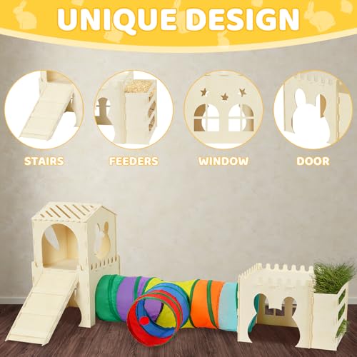 Extra Large Rabbit Hideout, Wooden Bunny Castle with Tunnel and Stair, Rabbit House Tower with Hay Feeder Sturdy Habitat for Guinea Pig Chinchilla Ferret Hamster - color: -Natural -03