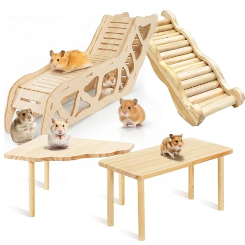 4PCS Wooden Hamster Platform Set, Tunnel Ladder Playhouse Hamster Game Climbing Toy with Ladder Platform Table Climbing Ramp, Cage Decor for Syrian Dwarf Hamsters, Gerbils, Mice