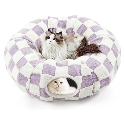 Cat Tunnel Bed with Washable Cushion for Indoor Cat, Donut Cave Tube Toys for Kitten Puppy Rabbit, Purple - color: Purple
