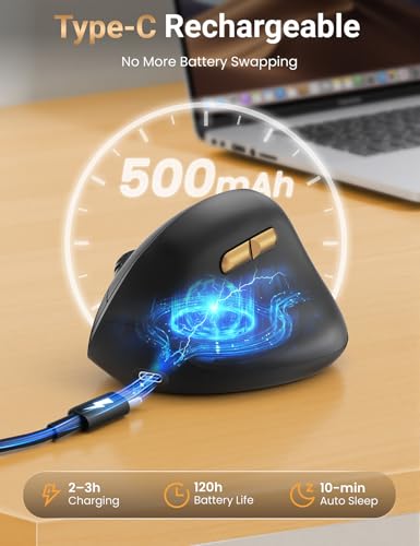 Ergonomic Vertical Wireless Mouse, 57°, Small/Medium Hands, Black | Rechargeable, Quiet Click, 800/1200/1600 DPI, 2.4GHz USB Receiver, Forward/Back Buttons, Computer Mouse for Laptop PC Mac - color: Black