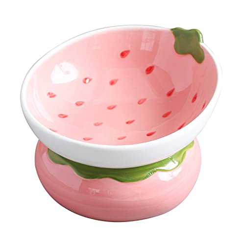 Ceramic Raised Cat Bowl, Pink, Strawberry Shaped | Elevated Food Bowl, Indoor Cats, Anti-Vomiting & Spine Protection, Cute Tilted Pet Dish, For Flat-Faced Cats and Kittens - color: Pink