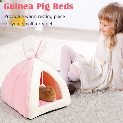 Fhiny Rabbit Bed Cave Cozy Guinea Pig Hideout Cute Bunny Bed Large House Winter Nest Dwarf Rabbit Cage Accessories for Chinchilla Ferret Hedgehog or Other Small Animals（Pink） - color: Pink