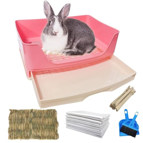 kathson Large Rabbit Litter Box with Drawer, Bunny Potty Trainer Corner Toilet Guinea Pig Litter Box Bigger Pet Pan with Grass Mat for Chinchilla, Ferret, Hamster (Pink) - color: Pink
