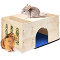 Guinea Pig Hideout with Hay Feeder & Absorbent Mat, Wooden | Chinchilla House with Multiple Window, Small Animal Hut Castle for Dwarf Rabbit