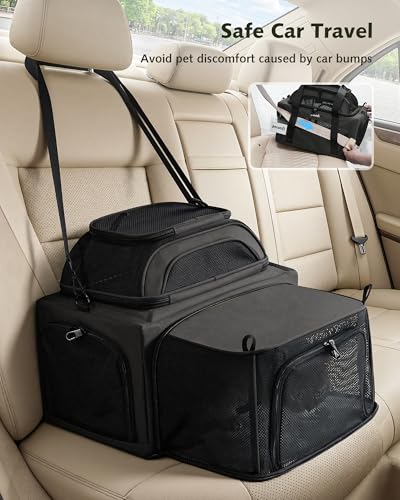 Pecute Top Expandable Airline Approved Pet Carrier for Cats, Dark Gray | Top side expandable, breathable scratch-resistant mesh, leakproof pee pad, locking zippers, foldable travel bag under 11lbs - color: Dark Gray